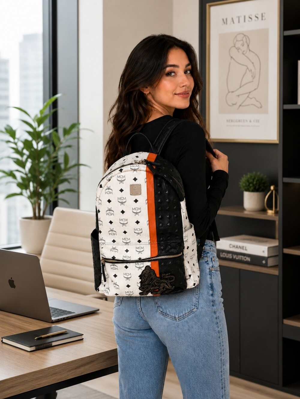 Authentic MCM Stark Visetos Large Backpack White Monogram Lion Patch Studded - Picture 3 of 14